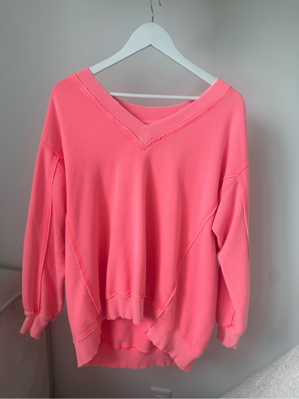 Aerie Vacay Every Day Oversized V Neck Sweatshirt in Coral